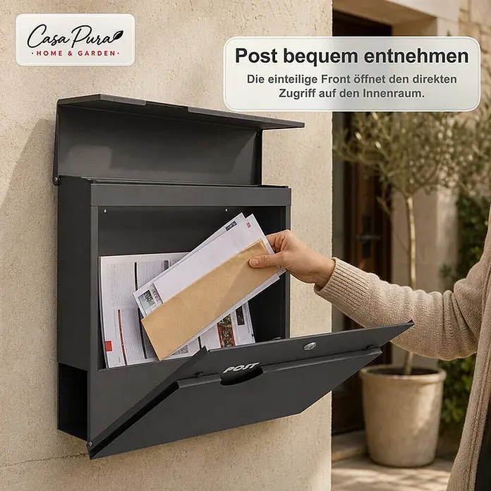 Floordirekt Wandbriefkasten Albert - L x B x H: 10,5 x 37 x 37 cm, Anthrazit, Stahl, Zeitungsfach - Dunkelgrauer Metallbriefkasten an der Wand, mit geöffneter Front und einer Hand, die Post entnimmt. Er ermöglicht bequemen Zugriff auf den Innenraum.