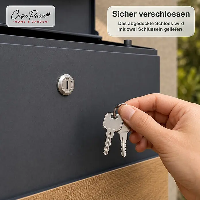 Floordirekt Wandbriefkasten Roland - L x B x H: 13 x 37 x 41 cm, Anthrazit, Stahl, Zeitungsfach - Dunkelgrauer Briefkasten mit silbernem Schloss. Eine Hand hält zwei Schlüssel und zeigt den sicheren Schließmechanismus.