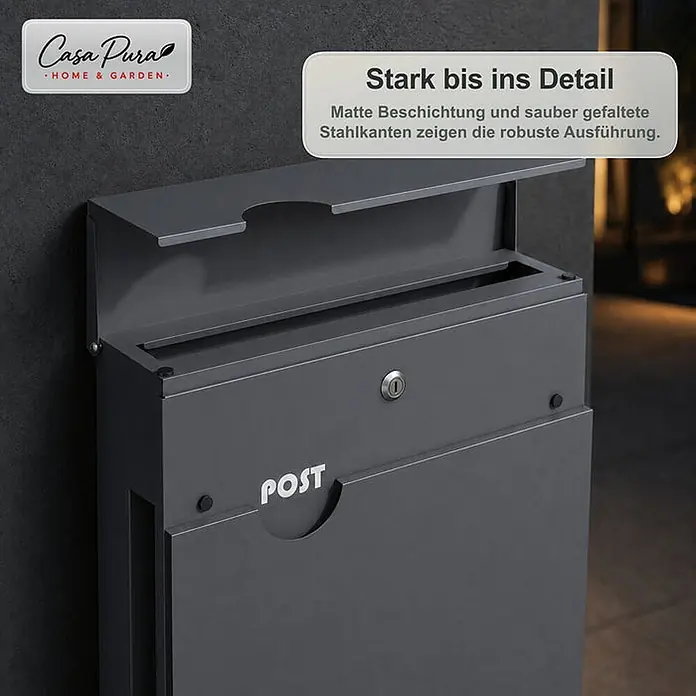Floordirekt Wandbriefkasten Albert - L x B x H: 10,5 x 37 x 37 cm, Anthrazit, Stahl, Zeitungsfach - Dunkelgrauer, matter Stahl-Briefkasten an einer Wand montiert, mit geöffneter Klappe, Schlüsselloch und „POST“-Schriftzug.