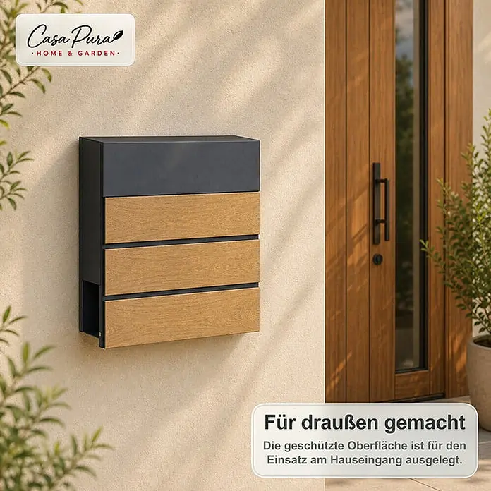 Floordirekt Wandbriefkasten Roland - L x B x H: 13 x 37 x 41 cm, Anthrazit, Stahl, Zeitungsfach - Moderner Briefkasten in Dunkelgrau und Holzoptik an einer Wand neben einer Holzeingangstür montiert.