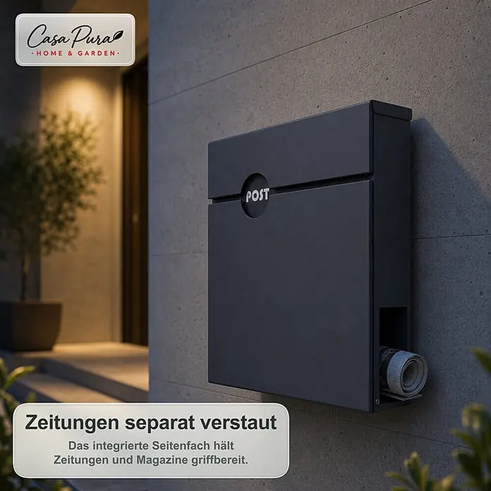 Floordirekt Wandbriefkasten Albert - L x B x H: 10,5 x 37 x 37 cm, Anthrazit, Stahl, Zeitungsfach - Dunkelgrauer Briefkasten mit "POST"-Schriftzug und integriertem Seitenfach für Zeitungen, an einer Wand montiert.