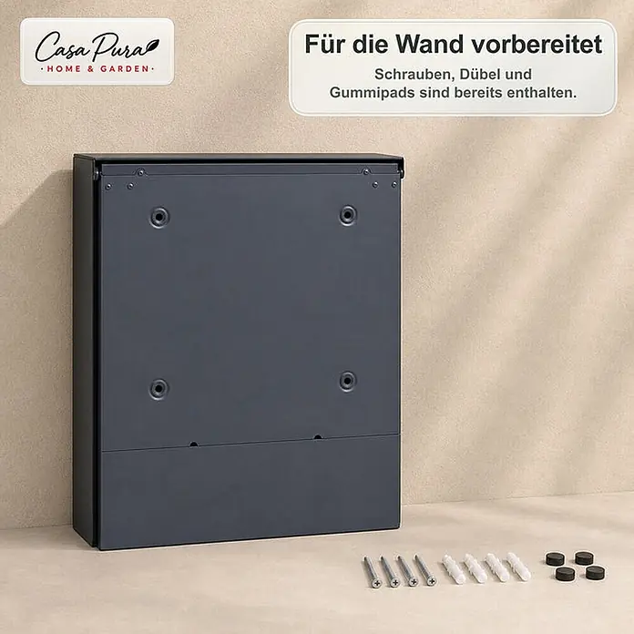 Floordirekt Wandbriefkasten Roland - L x B x H: 13 x 37 x 41 cm, Anthrazit, Stahl, Zeitungsfach - Dunkelgrauer Metall-Wandbriefkasten, gezeigt mit Schrauben, Dübeln und Gummipads für einfache Montage.