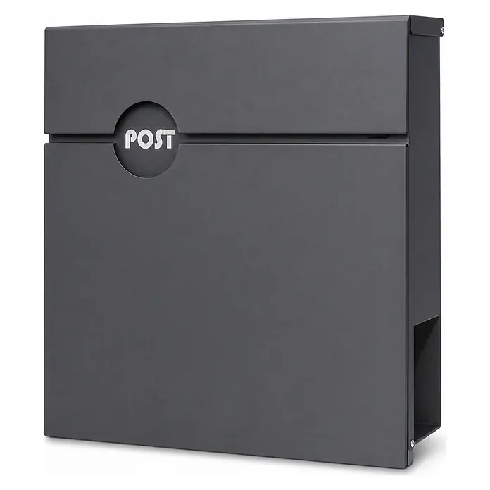 Floordirekt Wandbriefkasten Albert - L x B x H: 10,5 x 37 x 37 cm, Anthrazit, Stahl, Zeitungsfach - Dunkelgrauer Metallbriefkasten mit "POST"-Schriftzug in einem runden Ausschnitt, zur Wandmontage geeignet.