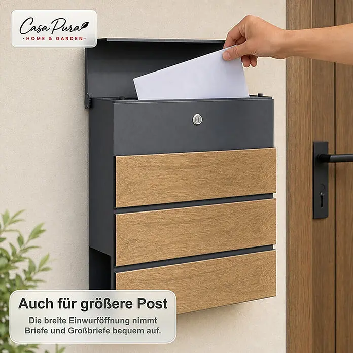 Floordirekt Wandbriefkasten Roland - L x B x H: 13 x 37 x 41 cm, Anthrazit, Stahl, Zeitungsfach - Dunkelgrauer und holzfarbener Briefkasten an einer Wand. Eine Hand steckt einen weißen Umschlag in die breite Öffnung.