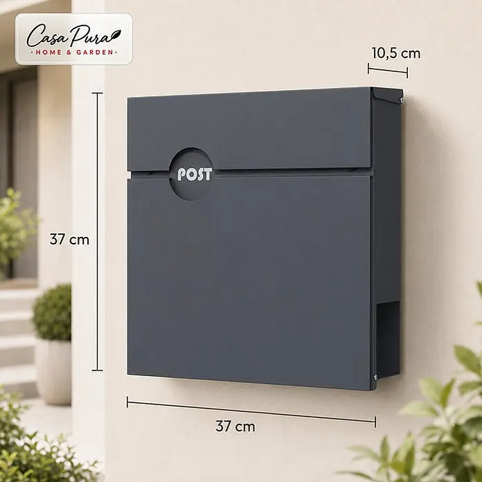 Floordirekt Wandbriefkasten Albert - L x B x H: 10,5 x 37 x 37 cm, Anthrazit, Stahl, Zeitungsfach - Dunkelgrauer Wandbriefkasten aus Metall mit "POST"-Schriftzug, Maße: 37 cm Höhe, 37 cm Breite, 10,5 cm Tiefe.