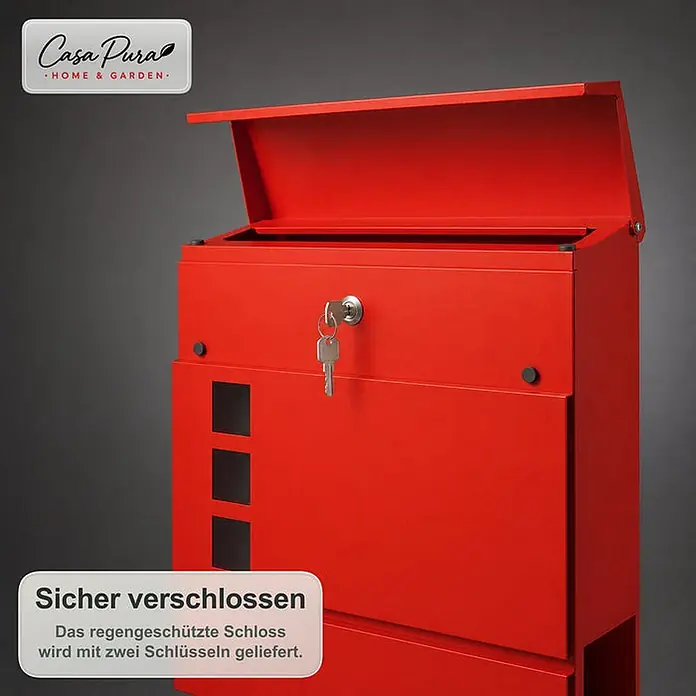 Floordirekt Wandbriefkasten Adrien - L x B x H: 10,5 x 37 x 37 cm, Rot, Stahl, Zeitungsfach - Roter Metallbriefkasten mit geöffnetem Deckel und Schlüssel im wetterfesten Schloss.