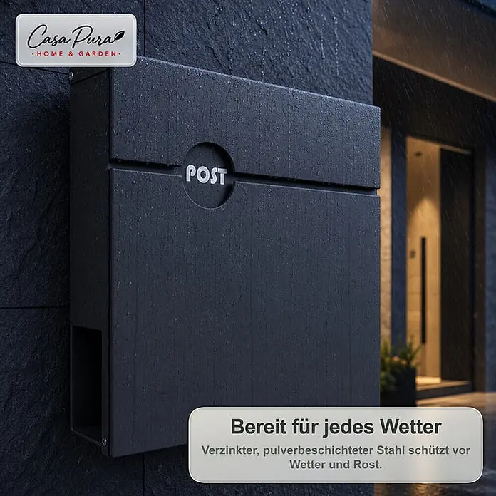 Floordirekt Wandbriefkasten Albert - L x B x H: 10,5 x 37 x 37 cm, Anthrazit, Stahl, Zeitungsfach - Schwarzer, pulverbeschichteter Stahlbriefkasten mit "POST"-Schriftzug, montiert an dunkler Wand im Regen. Wetterfest gegen Rost.