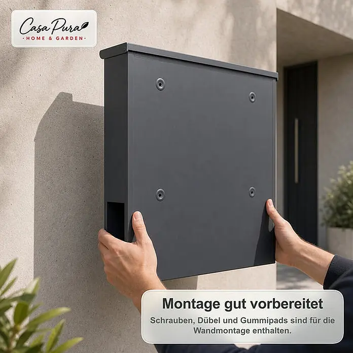 Floordirekt Wandbriefkasten Albert - L x B x H: 10,5 x 37 x 37 cm, Anthrazit, Stahl, Zeitungsfach - Dunkelgrauer Briefkasten wird zur Wandmontage gehalten, mit sichtbaren Befestigungspunkten.