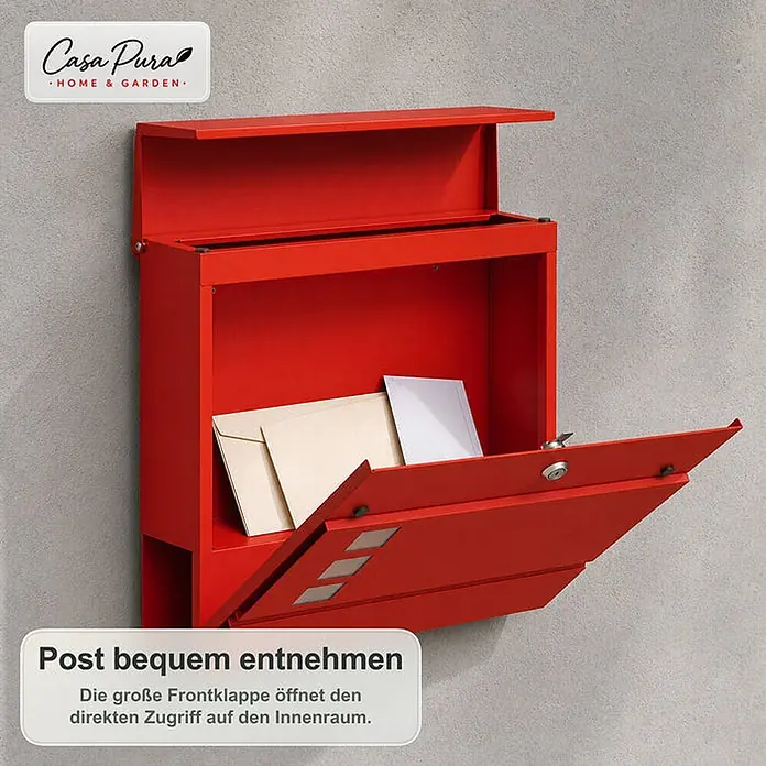 Floordirekt Wandbriefkasten Adrien - L x B x H: 10,5 x 37 x 37 cm, Rot, Stahl, Zeitungsfach - Roter Metallbriefkasten mit geöffneter Frontklappe, Briefe zeigend, für einfachen Postzugriff.
