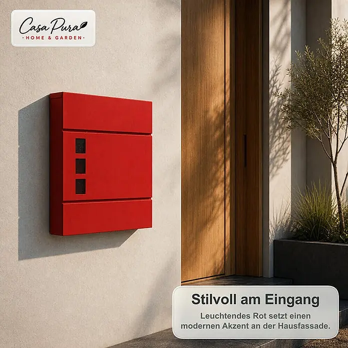 Floordirekt Wandbriefkasten Adrien - L x B x H: 10,5 x 37 x 37 cm, Rot, Stahl, Zeitungsfach - Ein leuchtend roter, moderner Briefkasten mit drei schwarzen Akzenten ist an einer hellen Wand neben einer Holzeingangstür montiert.