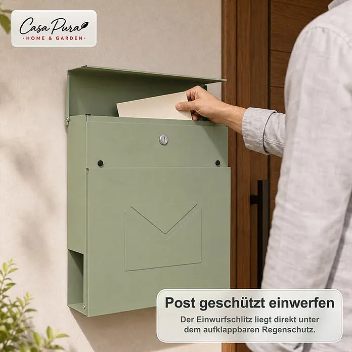 Floordirekt Wandbriefkasten Laurent - L x B x H: 10,5 x 37 x 37 cm, Grün, Stahl, Zeitungsfach - Salbeigrüner Metall-Wandbriefkasten mit schützender Klappe, wie eine Hand einen Brief einwirft.