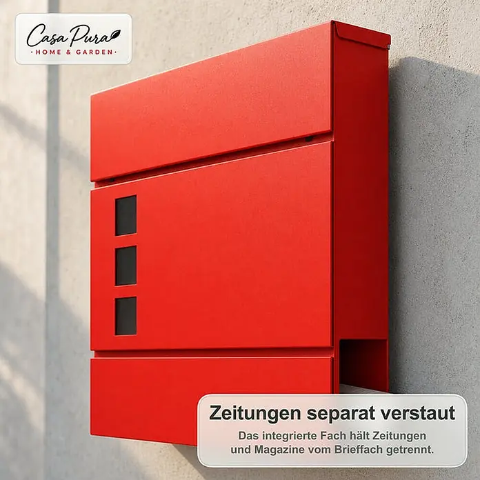 Floordirekt Wandbriefkasten Adrien - L x B x H: 10,5 x 37 x 37 cm, Rot, Stahl, Zeitungsfach - Ein moderner roter Metallbriefkasten mit einem separaten Fach für Zeitungen und Zeitschriften unten.