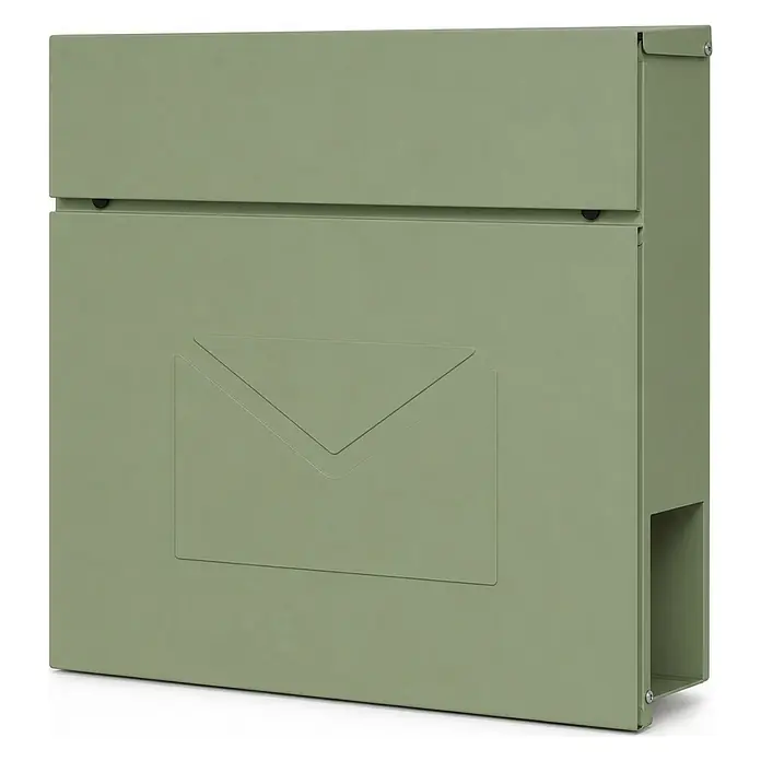 Floordirekt Wandbriefkasten Laurent - L x B x H: 10,5 x 37 x 37 cm, Grün, Stahl, Zeitungsfach - Salbeigrüner Metallbriefkasten mit geprägtem Umschlagdesign, oben mit Einwurfschlitz und seitlichem Zugang.