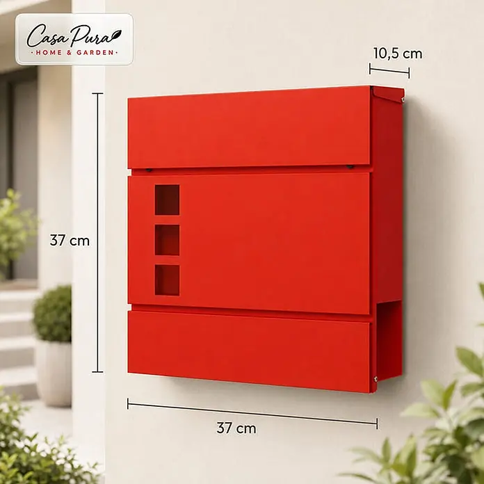 Floordirekt Wandbriefkasten Adrien - L x B x H: 10,5 x 37 x 37 cm, Rot, Stahl, Zeitungsfach - Roter Wandbriefkasten, 37 cm breit und 37 cm hoch, mit 10,5 cm Tiefe, außen montiert.