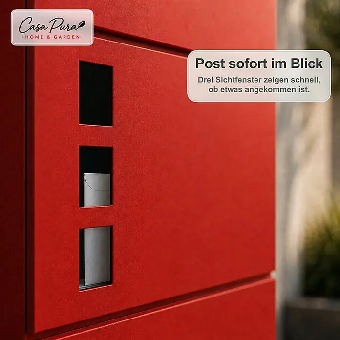 Floordirekt Wandbriefkasten Adrien - L x B x H: 10,5 x 37 x 37 cm, Rot, Stahl, Zeitungsfach - Roter Briefkasten mit drei Sichtfenstern, zwei zeigen Post, zur schnellen Kontrolle des Inhalts.
