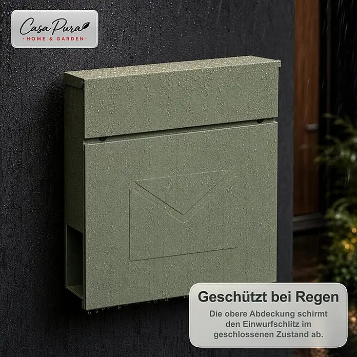 Floordirekt Wandbriefkasten Laurent - L x B x H: 10,5 x 37 x 37 cm, Grün, Stahl, Zeitungsfach - Ein grüner, regenbedeckter Briefkasten mit geprägtem Umschlagsymbol ist an einer dunklen Wand montiert.