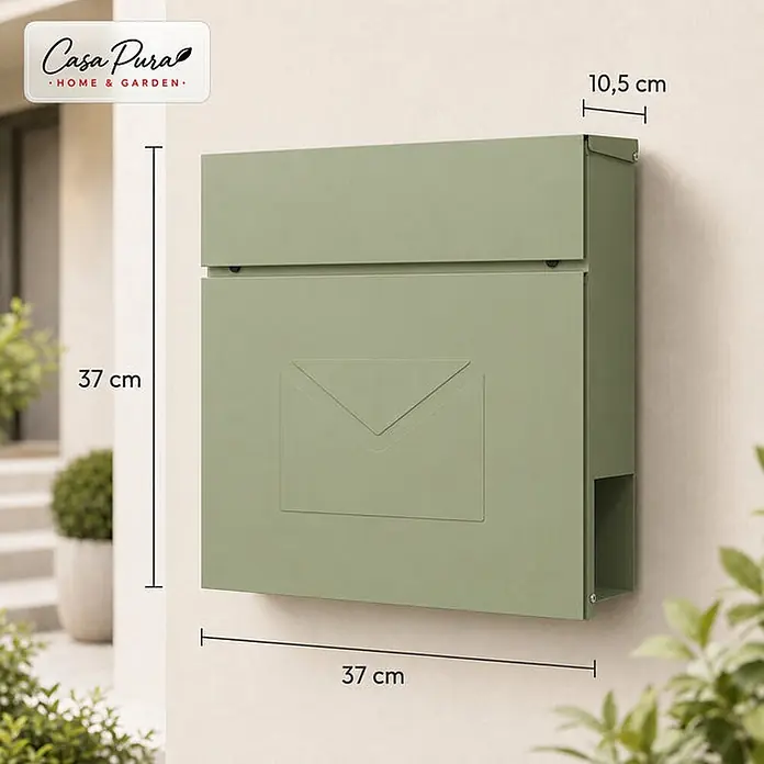 Floordirekt Wandbriefkasten Laurent - L x B x H: 10,5 x 37 x 37 cm, Grün, Stahl, Zeitungsfach - Salbeigrüner Metallbriefkasten mit geprägtem Umschlagdesign, an einer Wand montiert. Maße: 37x37x10,5 cm (HxBxT).