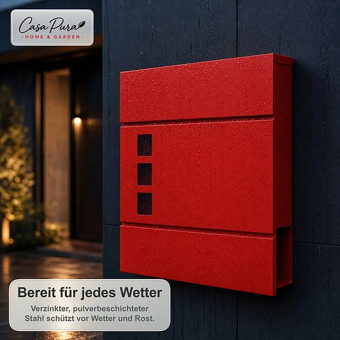 Floordirekt Wandbriefkasten Adrien - L x B x H: 10,5 x 37 x 37 cm, Rot, Stahl, Zeitungsfach - Roter, wetterfester Briefkasten aus Stahl mit Wassertropfen, an dunkler Wand montiert.