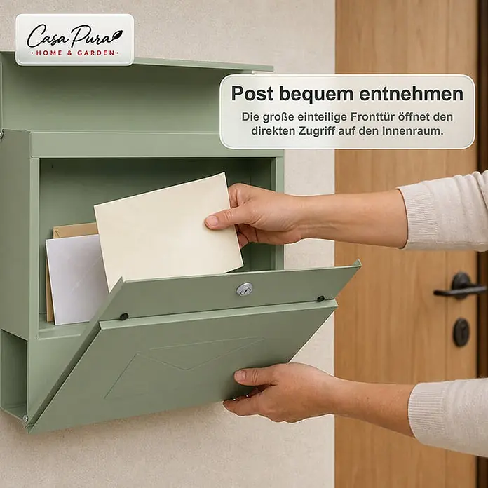 Floordirekt Wandbriefkasten Laurent - L x B x H: 10,5 x 37 x 37 cm, Grün, Stahl, Zeitungsfach - Salbeigrüner Metallbriefkasten mit geöffneter Fronttür, Hände entnehmen Post. Für einfachen Zugriff konzipiert.