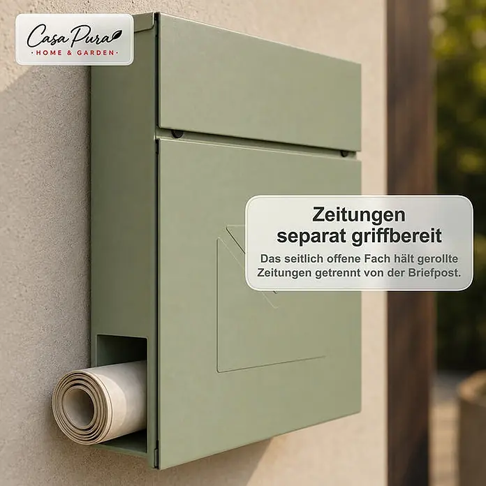 Floordirekt Wandbriefkasten Laurent - L x B x H: 10,5 x 37 x 37 cm, Grün, Stahl, Zeitungsfach - Salbeigrüner Briefkasten an der Wand mit separatem Fach für eine gerollte Zeitung.