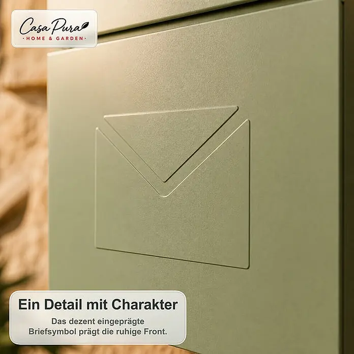 Floordirekt Wandbriefkasten Laurent - L x B x H: 10,5 x 37 x 37 cm, Grün, Stahl, Zeitungsfach - Olivgrüner Briefkasten mit dezent geprägtem Umschlagsymbol auf der Vorderseite.