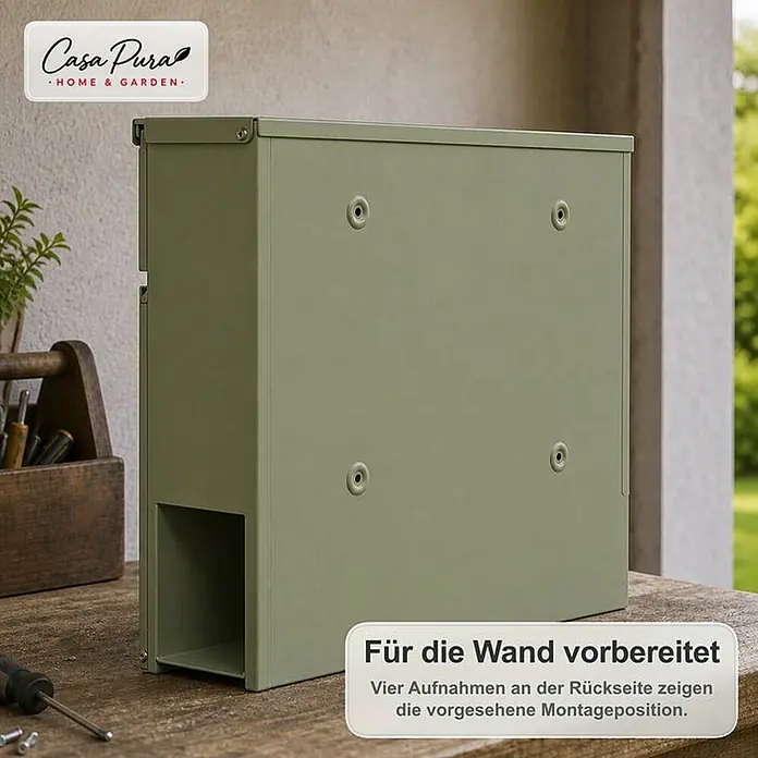 Floordirekt Wandbriefkasten Laurent - L x B x H: 10,5 x 37 x 37 cm, Grün, Stahl, Zeitungsfach - Salbeigrüner Metall-Wandkasten mit vier sichtbaren Befestigungspunkten auf der Rückseite und einer Bodenöffnung.