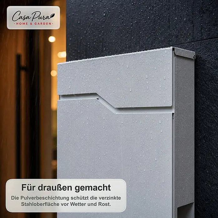 Floordirekt Wandbriefkasten Claude - L x B x H: 10,5 x 37 x 37 cm, Weiß, Stahl, Zeitungsfach - Hellgrauer, pulverbeschichteter Außenbriefkasten mit Wassertropfen, witterungs- und rostbeständig.