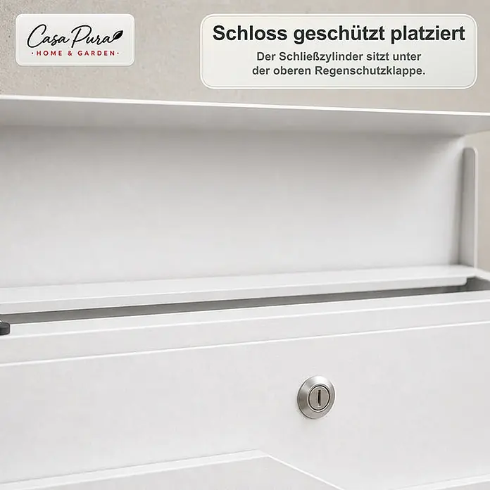 Floordirekt Wandbriefkasten Claude - L x B x H: 10,5 x 37 x 37 cm, Weiß, Stahl, Zeitungsfach - Weißer Briefkasten mit geschützt unter der oberen Regenschutzklappe platziertem Schließzylinder.