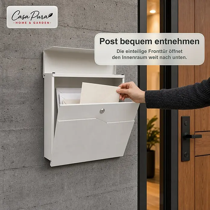 Floordirekt Wandbriefkasten Claude - L x B x H: 10,5 x 37 x 37 cm, Weiß, Stahl, Zeitungsfach - Weißer Briefkasten an Betonwand. Eine Hand entnimmt bequem Post aus der nach unten öffnenden Klappe.