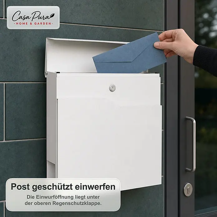 Floordirekt Wandbriefkasten Claude - L x B x H: 10,5 x 37 x 37 cm, Weiß, Stahl, Zeitungsfach - Weißer Briefkasten mit einer Hand, die einen blauen Brief einwirft. Der Einwurf ist unter der oberen Regenschutzklappe geschützt.