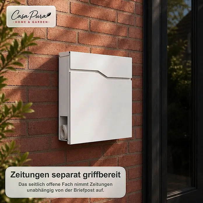 Floordirekt Wandbriefkasten Claude - L x B x H: 10,5 x 37 x 37 cm, Weiß, Stahl, Zeitungsfach - Weißer Wandbriefkasten mit separatem Zeitungsfach, inklusive gerollter Zeitung.