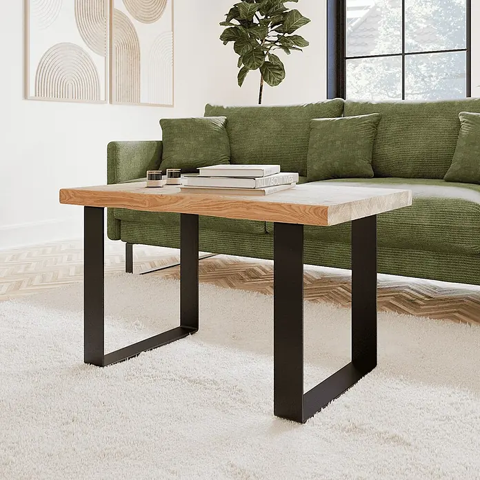 HEVVA Tischgestell TURIN - L x B x H: 50 x 7 x 43 cm, Metall - Rechteckiger Couchtisch mit heller Holzplatte und schwarzen U-förmigen Metallbeinen, in einem modernen Wohnzimmer.