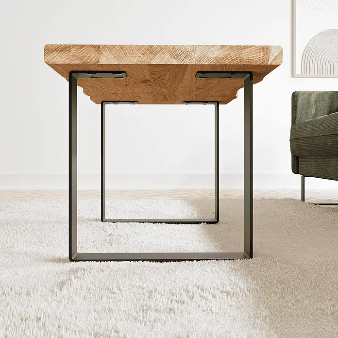 HEVVA Tischgestell TURIN - L x B x H: 50 x 7 x 43 cm, Metall - Moderner Couchtisch mit natürlicher Holzplatte und schwarzen U-förmigen Metallbeinen, auf hellem, flauschigem Teppich im Wohnzimmer.