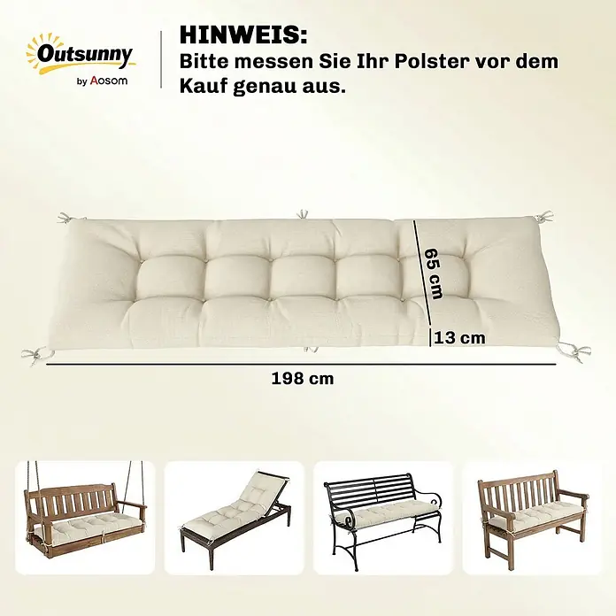 Outsunny Sitzauflage - Gartenbank, Hollywoodschaukel, Sonnenliege, 1 Stk., L x B x H: 65 x 198 x 13 cm, 100% Polyester, Beige