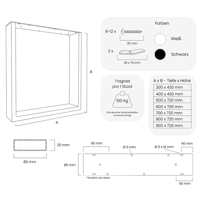 HEVVA Tischgestell BASEL - L x B x H: 70 x 8 x 72 cm, Metall - Technische Zeichnung eines rechteckigen Metallrahmens/Regalhalters: Maße, 100 kg Traglast, weiß/schwarz Farben und Montagezubehör.