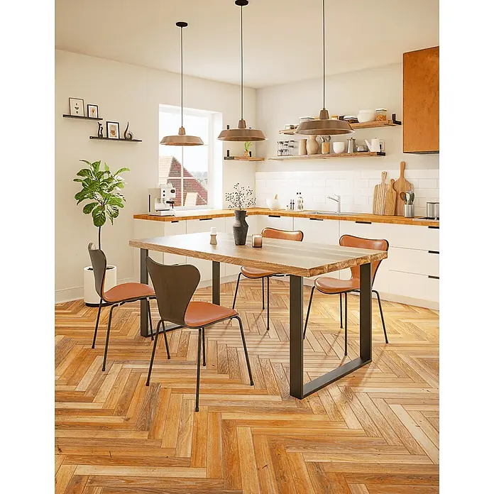 HEVVA Tischgestell BASEL - L x B x H: 70 x 8 x 72 cm, Metall - Ein moderner Esstisch mit Holzplatte und dunklem Metallgestell, umgeben von vier Stühlen mit braunen Rückenlehnen und orangebraunen Sitzen, in einer hellen Küche.