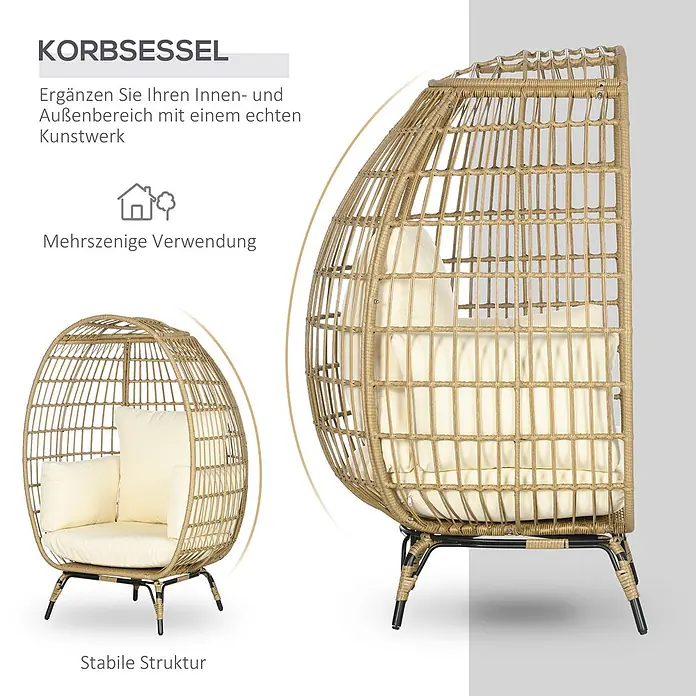 Outsunny Gartenstuhl mit Auflagen - 1 Stk., PE-Rattan, Khaki, Beige