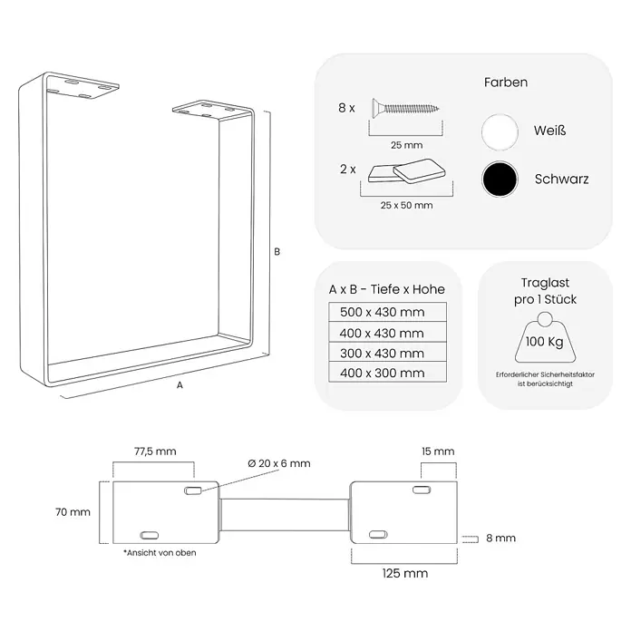 HEVVA Tischgestell TURIN - L x B x H: 35 x 7 x 43 cm, Metall - U-förmiges Metallbein/Konsole in Schwarz oder Weiß, mit Montageplatten, Maßen, Zubehör und 100 kg Traglast.