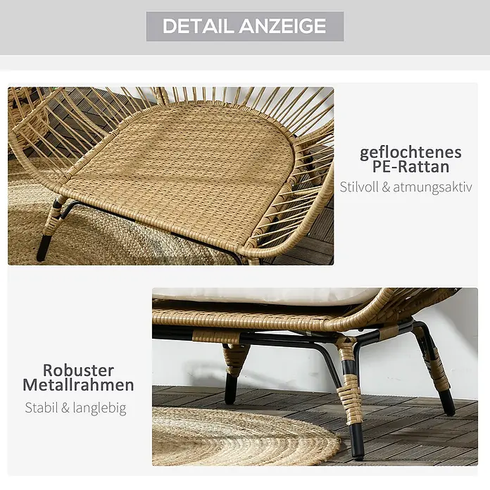 Outsunny Gartenstuhl mit Auflagen - 1 Stk., PE-Rattan, Khaki, Beige