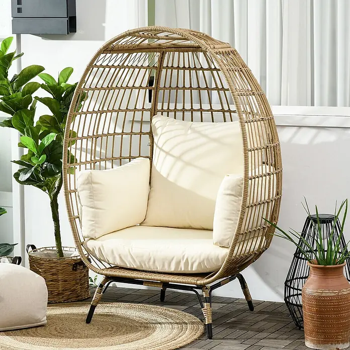 Outsunny Gartenstuhl mit Auflagen - 1 Stk., PE-Rattan, Khaki, Beige