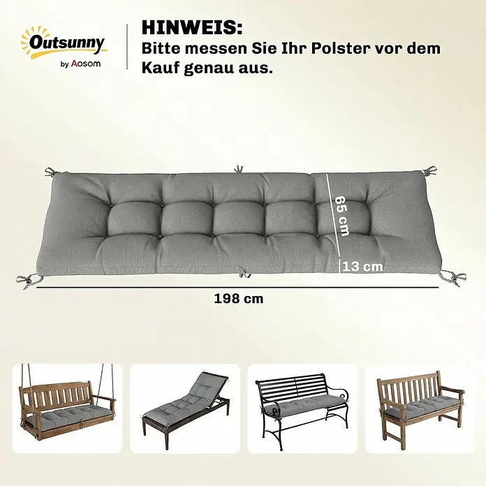 Outsunny Sitzauflage - Bank, Hollywoodschaukel, Sonnenliege, 1 Stk., L x B x H: 65 x 198 x 13 cm, 100% Polyester, Hellgrau