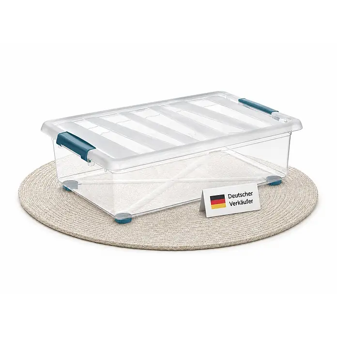 Ondis24 Aufbewahrungsbox - L x B x H: 59 x 39 x 18,5 cm, Kunststoff, Transparent - Transparente Plastik-Aufbewahrungsbox mit türkisen Verschlussklammern.