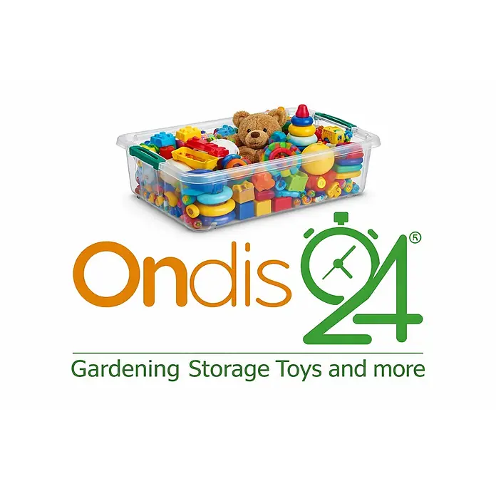 Ondis24 Aufbewahrungsbox - L x B x H: 59 x 39 x 18,5 cm, Kunststoff, Transparent - Transparente Plastik-Aufbewahrungsbox gefüllt mit bunten Spielsachen wie Bauklötzen, einem Teddybär und Stapelringen.