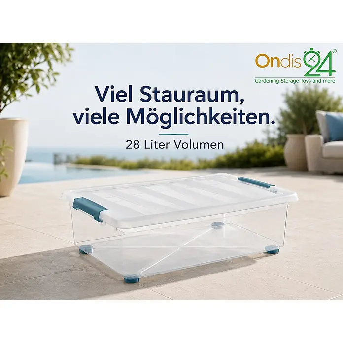 Ondis24 Aufbewahrungsbox - L x B x H: 59 x 39 x 18,5 cm, Kunststoff, Transparent - Transparente 28-Liter-Aufbewahrungsbox mit klarem Deckel und blauen Griffen auf einer Terrasse.