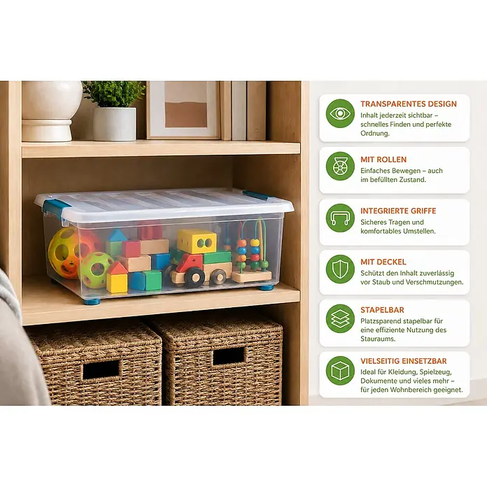 Ondis24 Aufbewahrungsbox - L x B x H: 59 x 39 x 18,5 cm, Kunststoff, Transparent - Transparente Kunststoff-Aufbewahrungsbox mit Spielzeug auf einem Holzregal, ideal für Organisation.