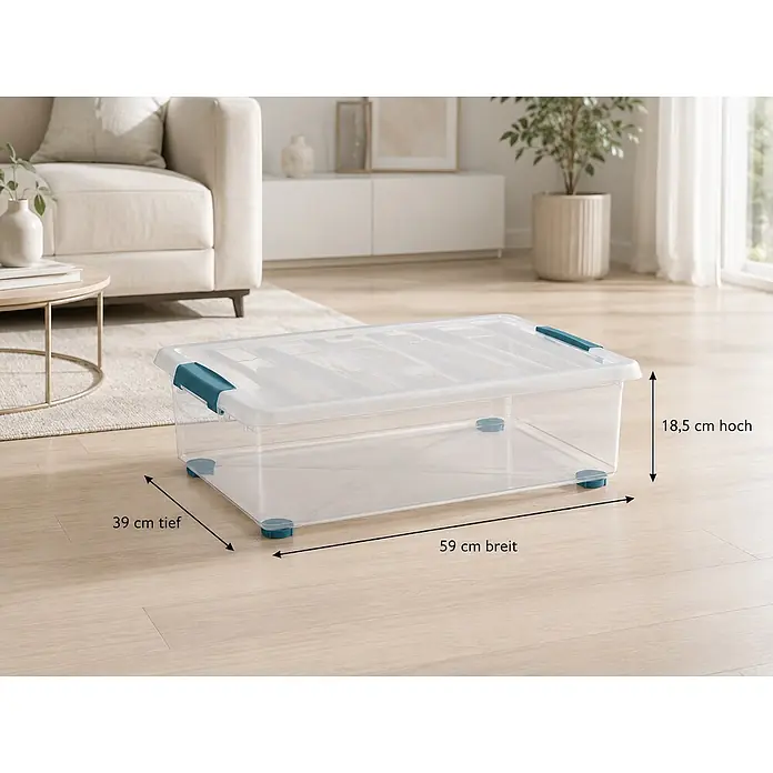 Ondis24 Aufbewahrungsbox - L x B x H: 59 x 39 x 18,5 cm, Kunststoff, Transparent - Klare Kunststoff-Aufbewahrungsbox mit türkisen Verschlüssen auf Wohnzimmerboden. Maße: 59x39x18,5 cm.