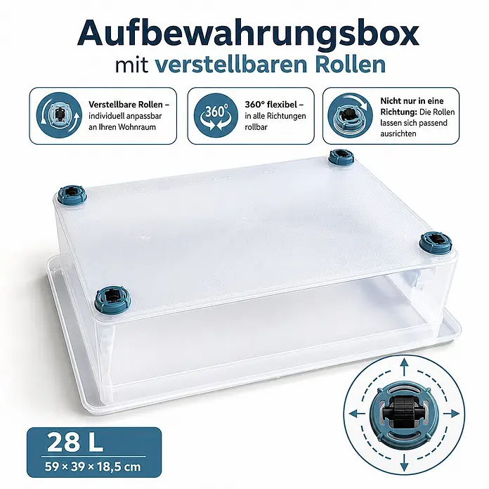Ondis24 Aufbewahrungsbox - L x B x H: 59 x 39 x 18,5 cm, Kunststoff, Transparent - Transparente Kunststoff-Aufbewahrungsbox mit verstellbaren, 360° drehbaren Rollen.
