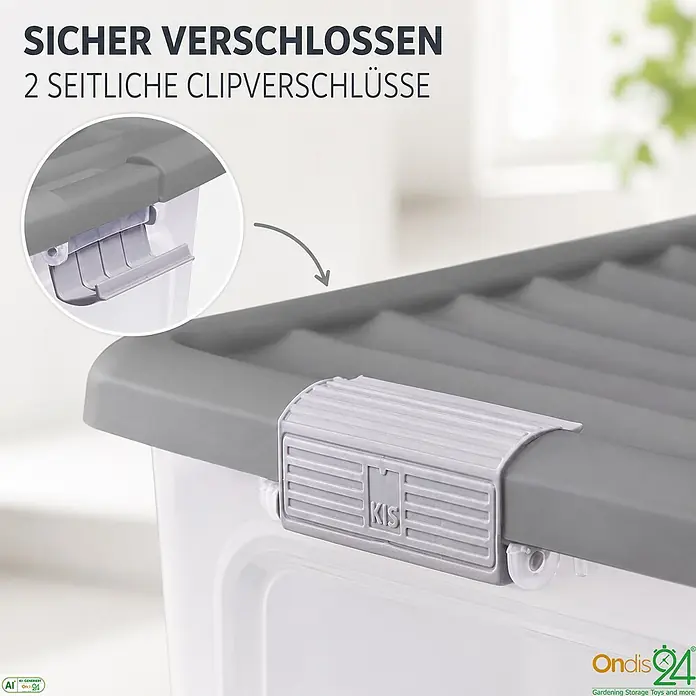 Ondis24 Aufbewahrungsbox - L x B x H: 56,5 x 39 x 31,5 cm, Kunststoff, Transparent - Transparente Aufbewahrungsbox mit grauem Deckel und sicherem KIS Clipverschluss.