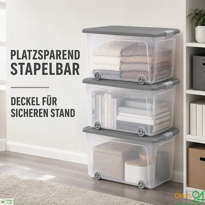 Ondis24 Aufbewahrungsbox - L x B x H: 56,5 x 39 x 31,5 cm, Kunststoff, Transparent - Drei transparente, stapelbare Kunststoff-Aufbewahrungsboxen mit grauen Deckeln und Rollen, gefüllt mit verschiedenen Gegenständen, zeigen platzsparende Organisation.