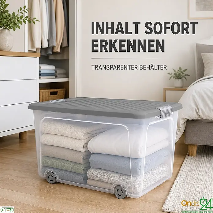 Ondis24 Aufbewahrungsbox - L x B x H: 56,5 x 39 x 31,5 cm, Kunststoff, Transparent - Transparente Aufbewahrungsbox mit grauem Deckel und Rollen, gefüllt mit Kleidung, im Schlafzimmer.